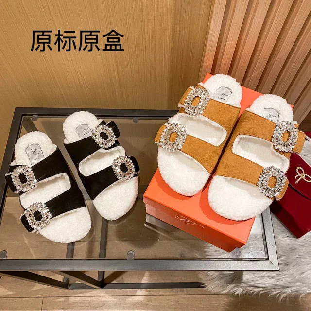 Roger Vivier Slippers Fur-Lined Double-Strap Crystal-Buckle Slides product detail image 3