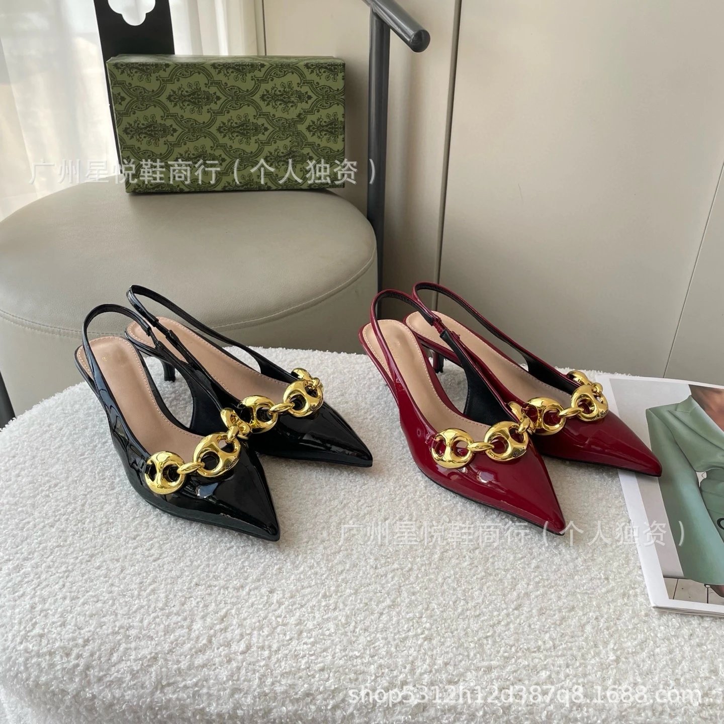 Celine Triomphe Chain-Embellished Patent Leather Pointed-Toe Mules Black - 9