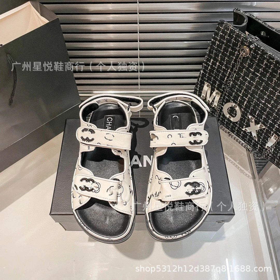 Chanel CC Logo Print White Sandals with Black Sole - 13