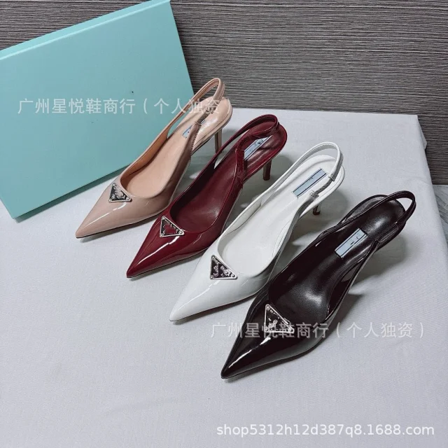 Prada High Heels Patent Leather Pointed-Toe Triangle-Plaque Slingback product detail image 1