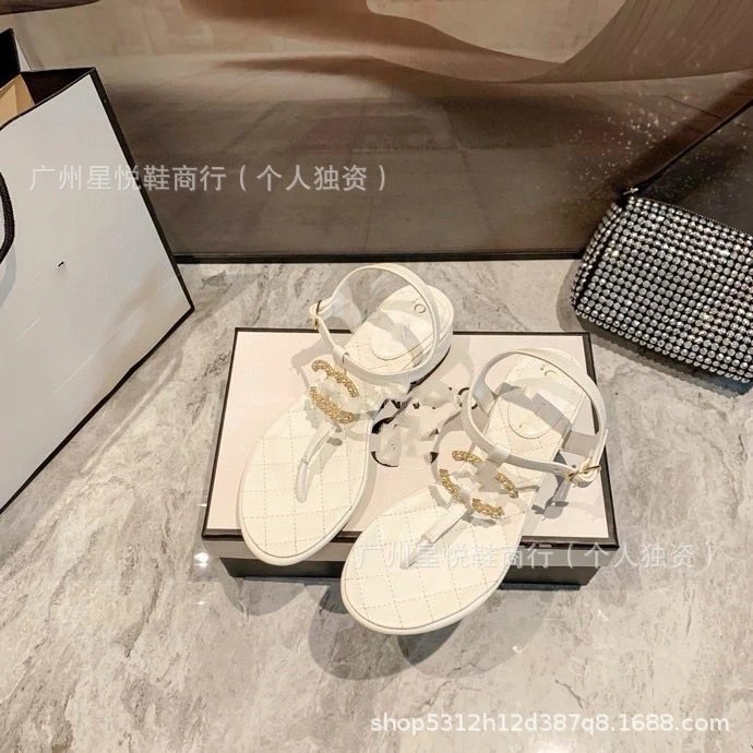 Chanel-Inspired CC Logo Thong Sandals Black Gold Sandals - 13
