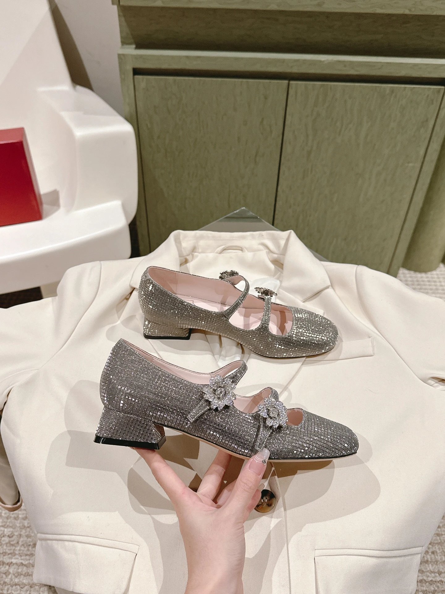 Chanel Mary Jane Heels Silver Glitter Crystal-Embellished Block Heels - 32