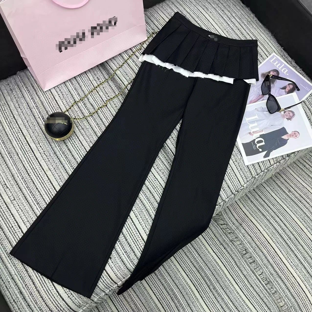 Design Pleated Waistband Wide-Leg Pants Black - 6