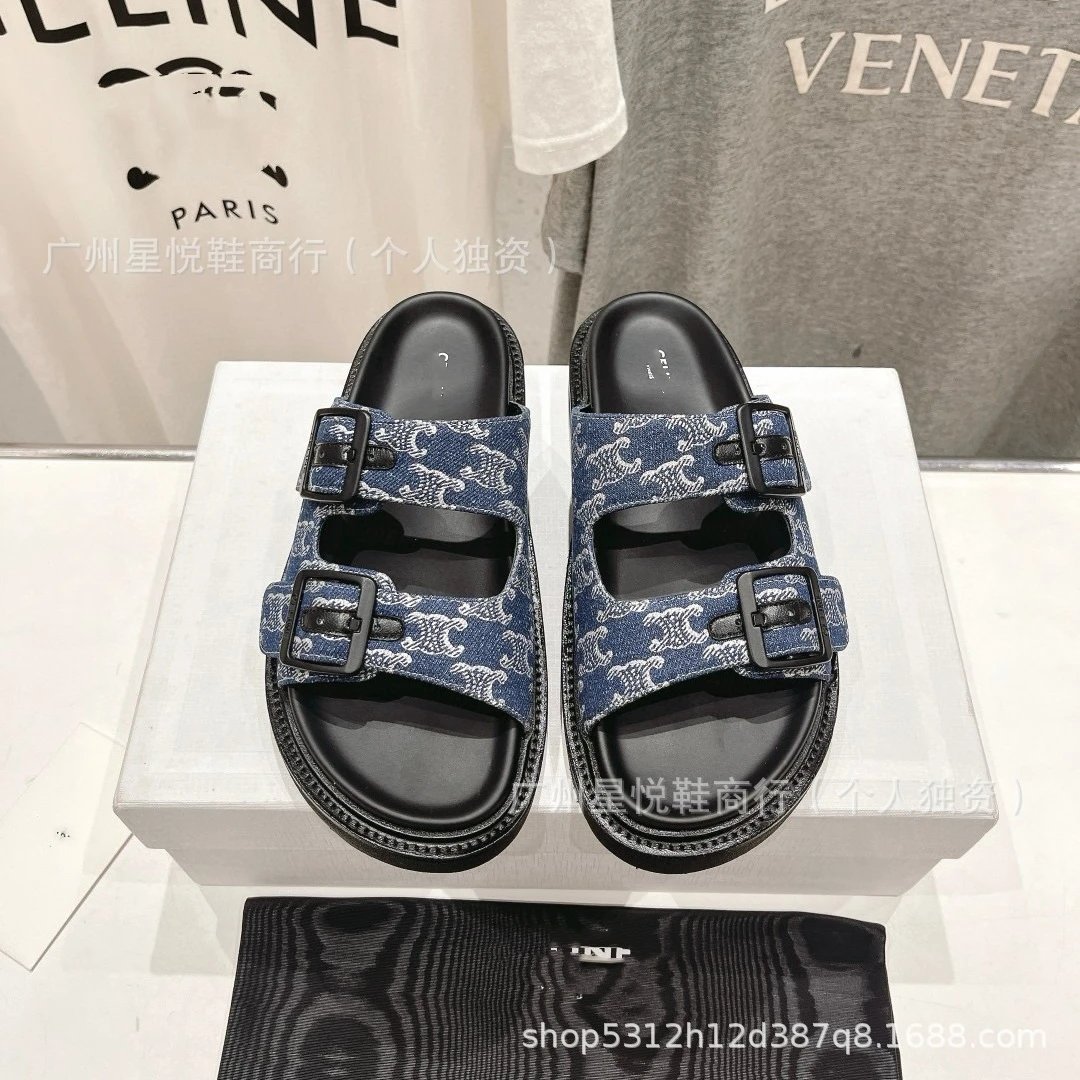 Celine Triomphe Print Double-Buckle Slide Sandals Beige - 10