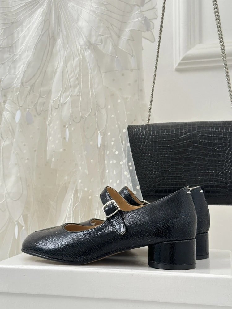 Black Mary Jane Block Heel Leather Shoes - 27