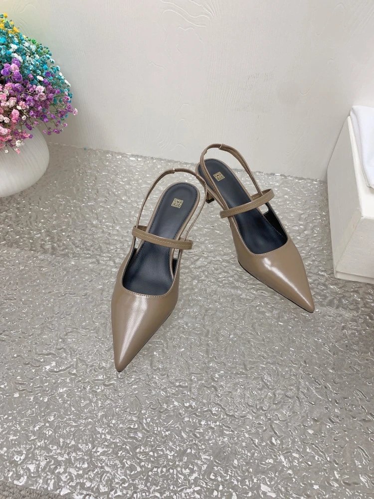 Design Pointed-Toe Slingback Kitten Heels Beige Leather Shoes - 26