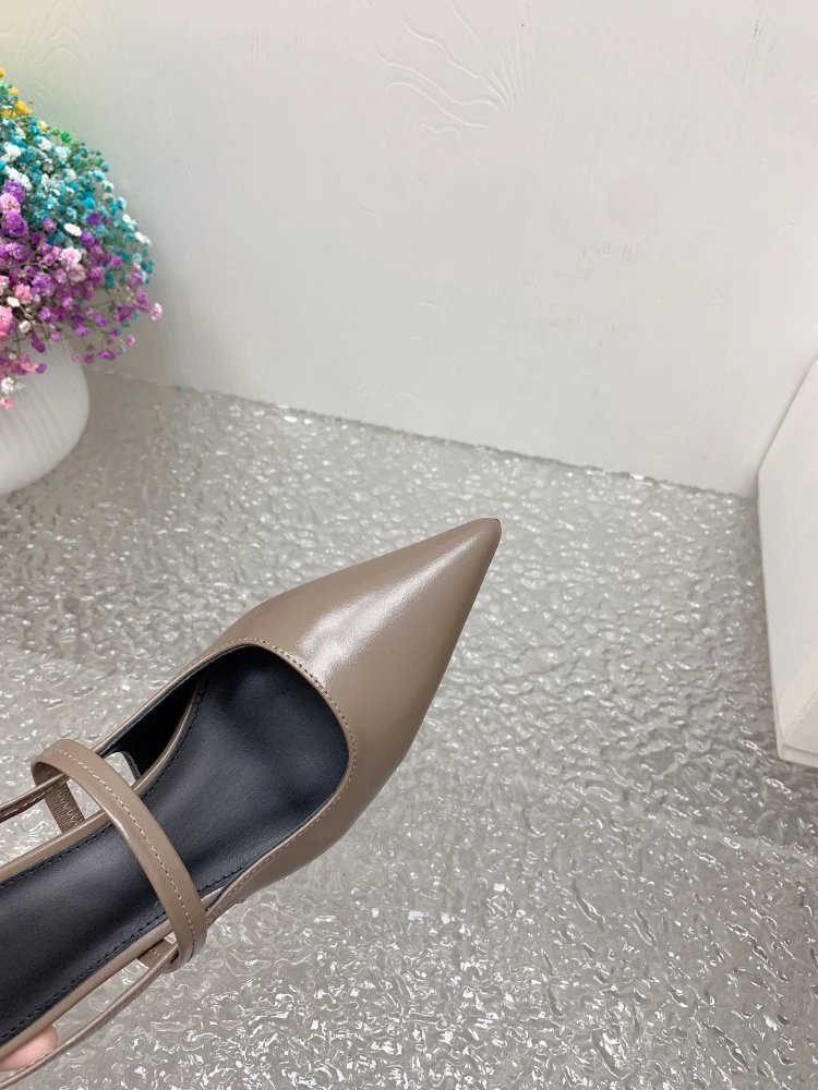 Design Pointed-Toe Slingback Kitten Heels Beige Leather Shoes - 30