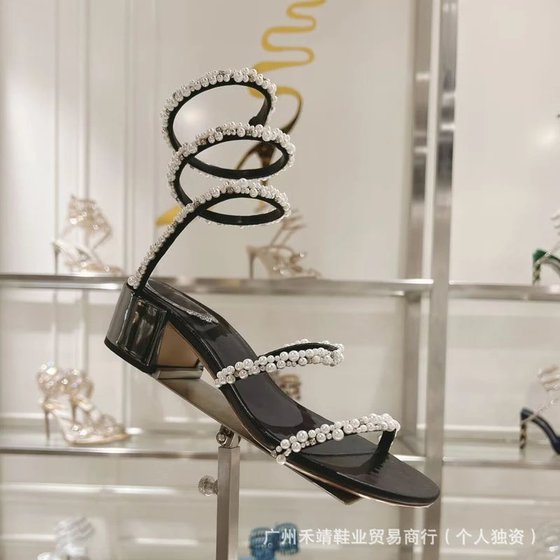 Pearl-Embellished Spiral Strap Block Heel Sandals Black - 5