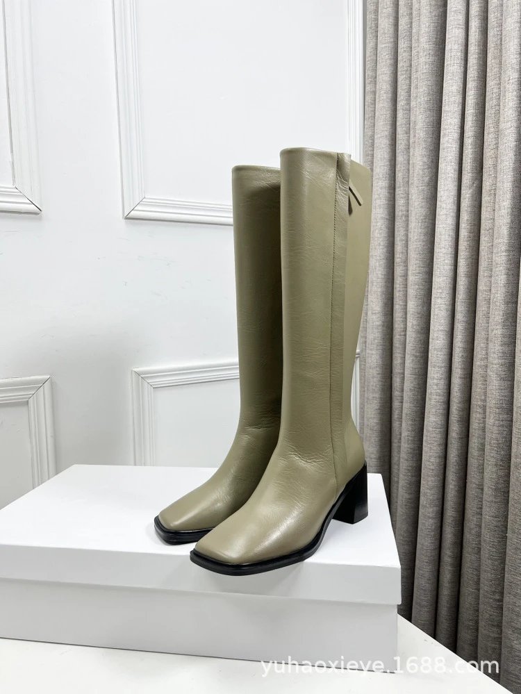 Black Square-Toe Knee-High Block Heel Boots - 20