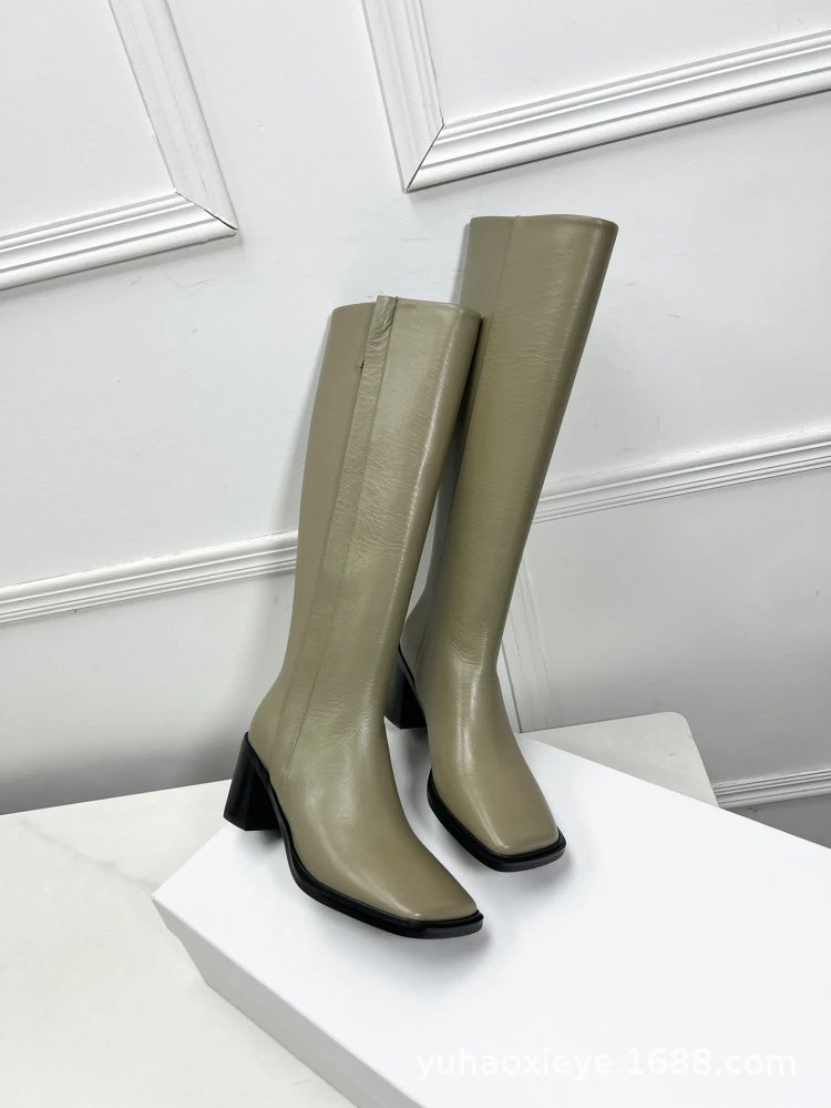 Black Square-Toe Knee-High Block Heel Boots - 22