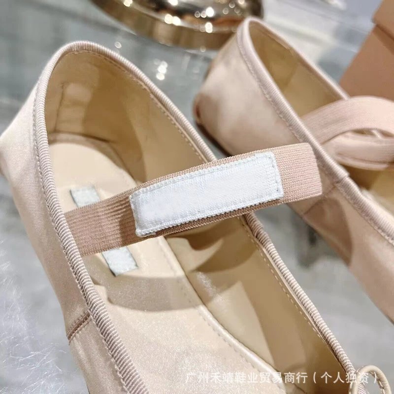Ballet Flat with Bow Detail Beige Canvas Shoes - 4