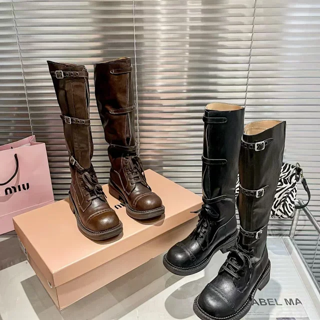 Miu Boots Knee-High Lace-Up Buckle product detail image 1
