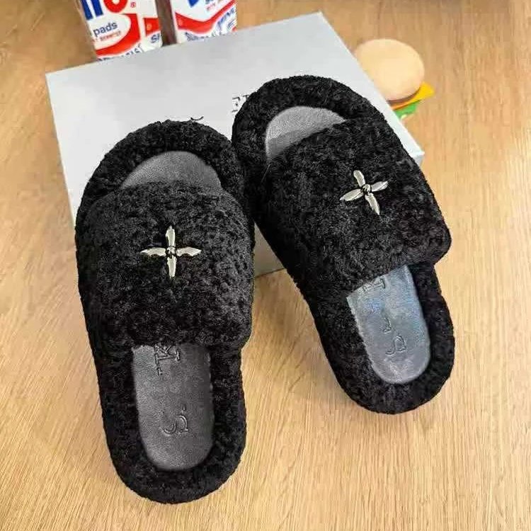 Unbranded Slippers Faux-Fur Open-Toe with Cross Charm image 2