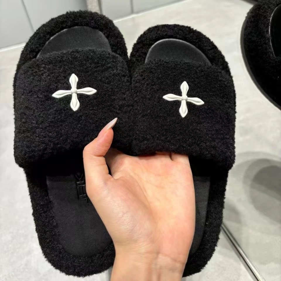 Unbranded Slippers Faux-Fur Open-Toe with Cross Charm image 3