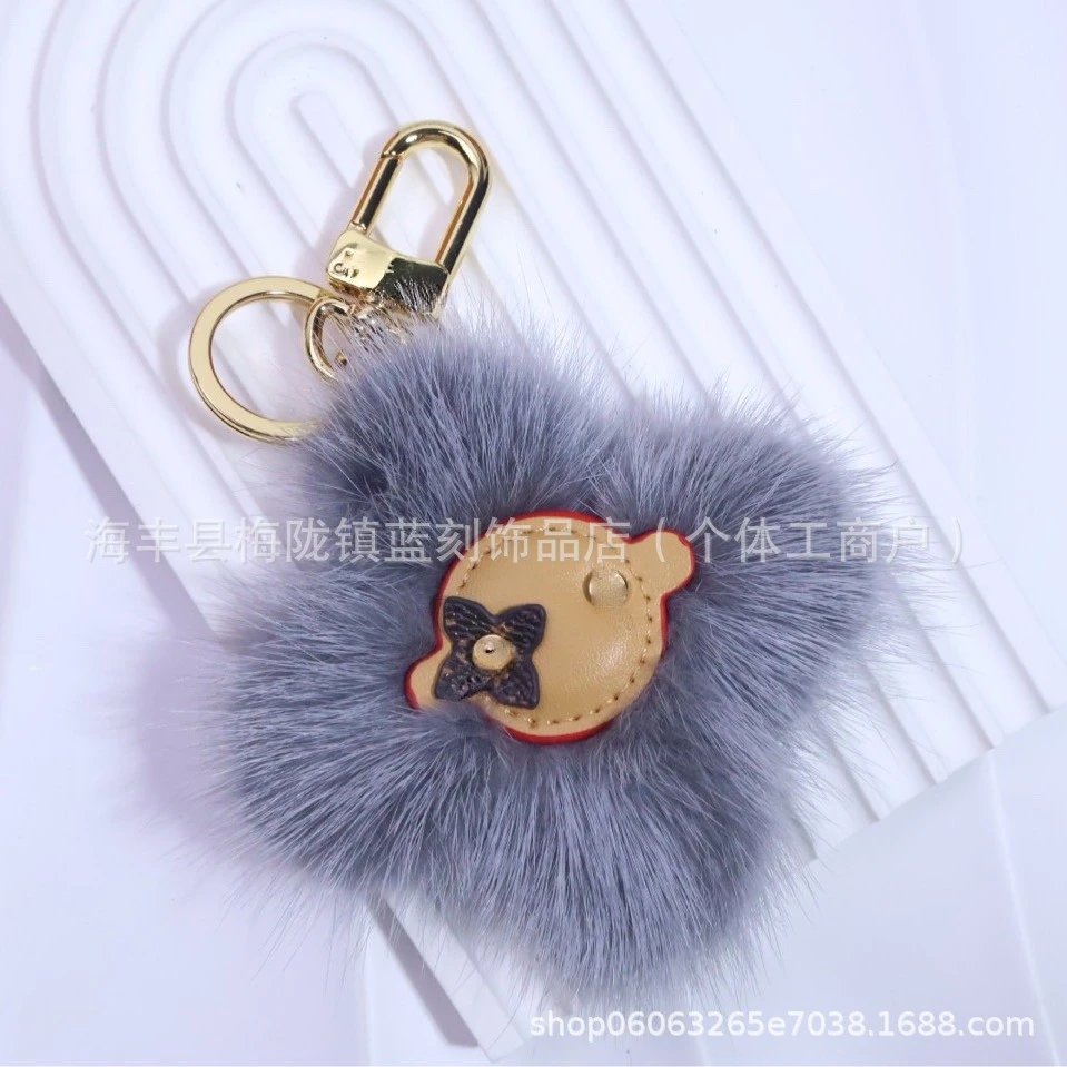 Faux Fur Keychain Charm in Sky Blue with Leather Face Embellishment - 4