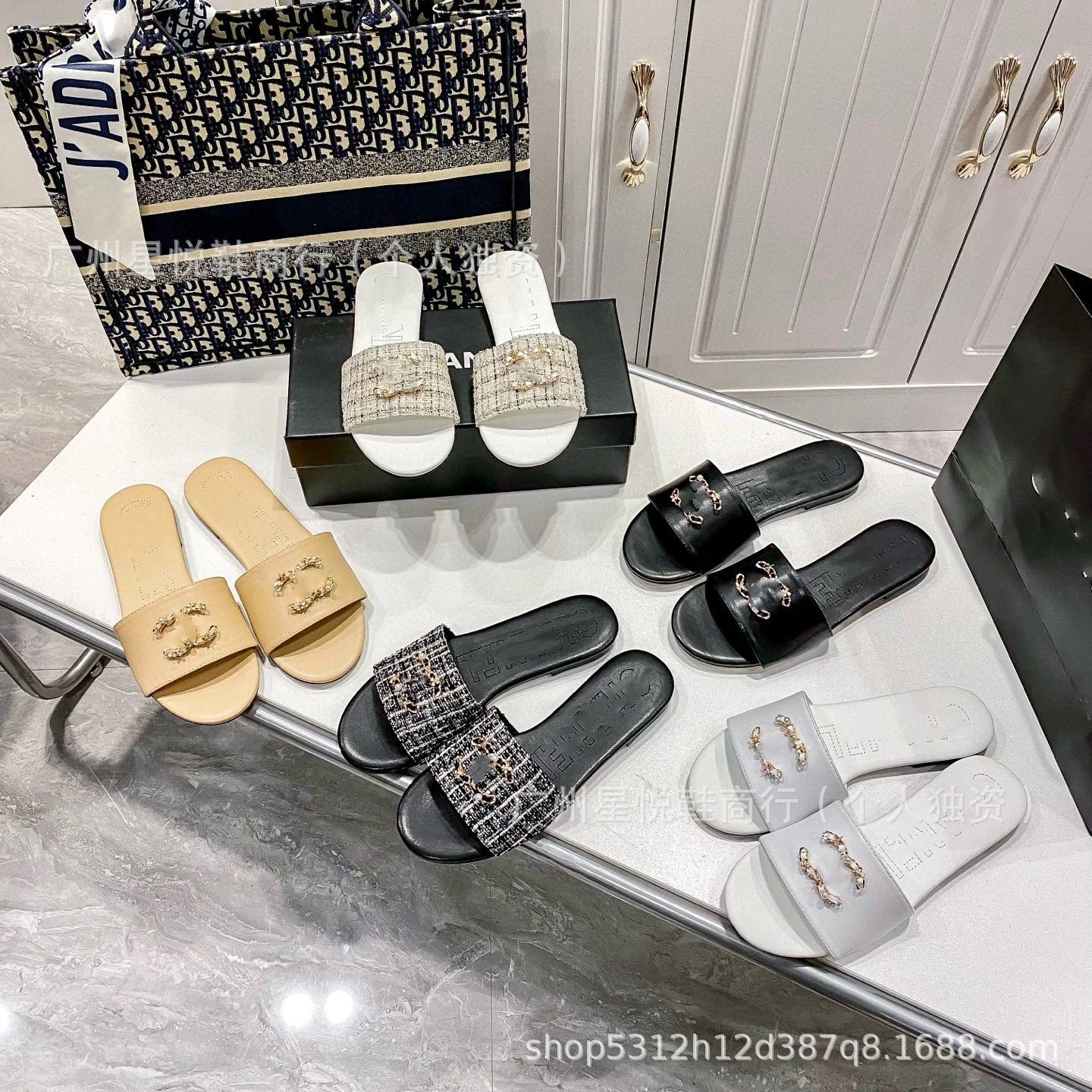 Chanel Slippers Tweed Strap Pearl Chain Slides image 4