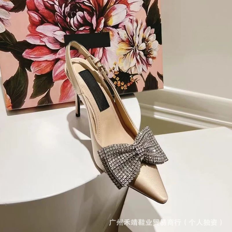 Design Crystal Bow Slingback Stiletto Heels Beige - 7