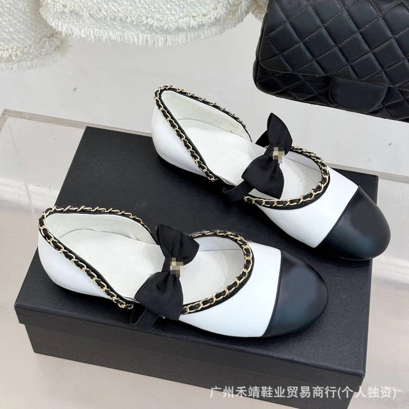 Chanel-inspired Bow Chain Mary Jane Flats Black Shoes - 4