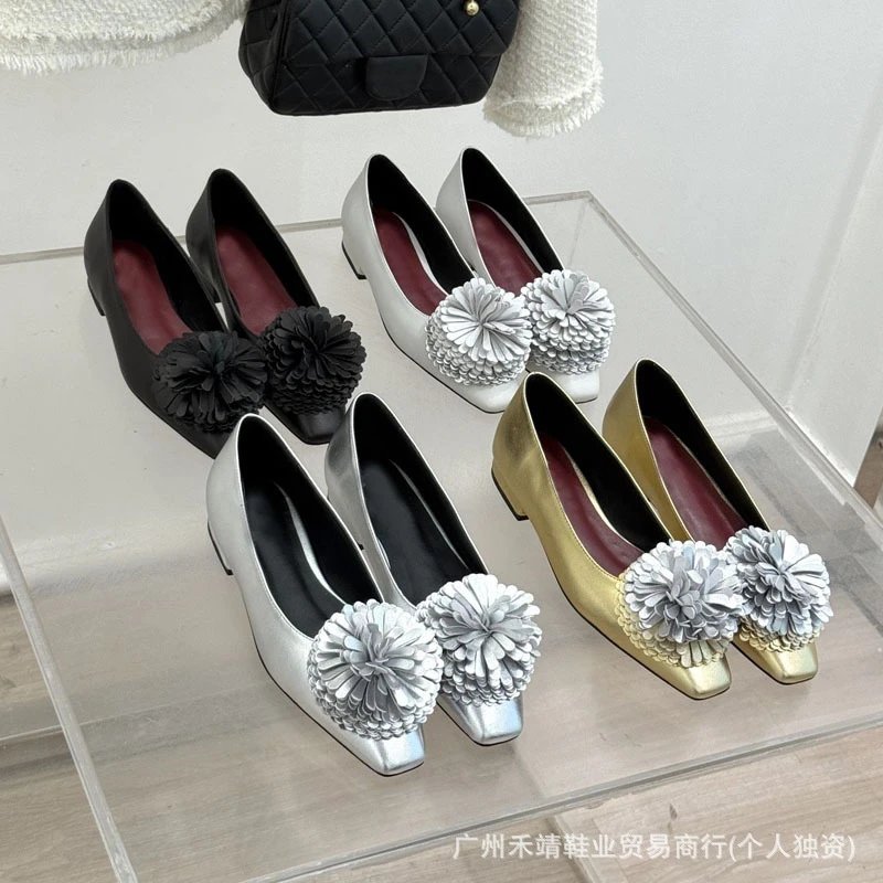 Design Floral-Embellished Black Slingback Flat Shoes - 2