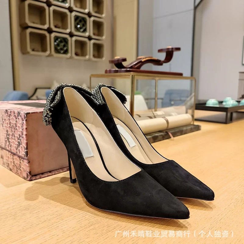 2024 Spring/Summer New Arrival Genuine Leather Pointed-Toe Pearl Crystal Bow Embellished Peep-Toe Kitten Heels Elegant Women's Shoes: findsindex.com