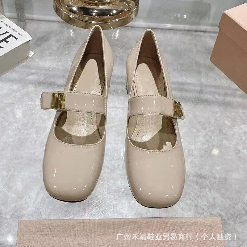 Dior Mary Jane Block Heel Beige Patent Leather Shoes - 2