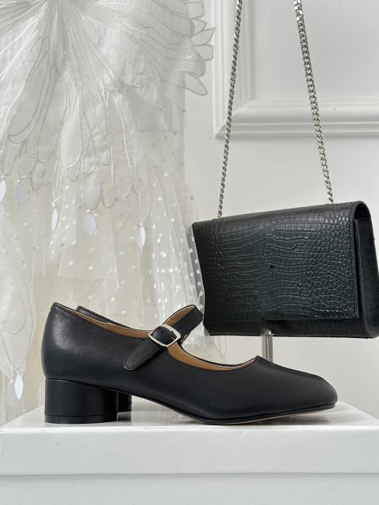 Black Mary Jane Block Heel Leather Shoes - 4