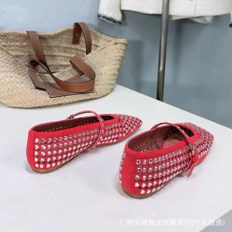 Design Crystal-Embellished Perforated Mary Jane Flats Beige Shoes - 3