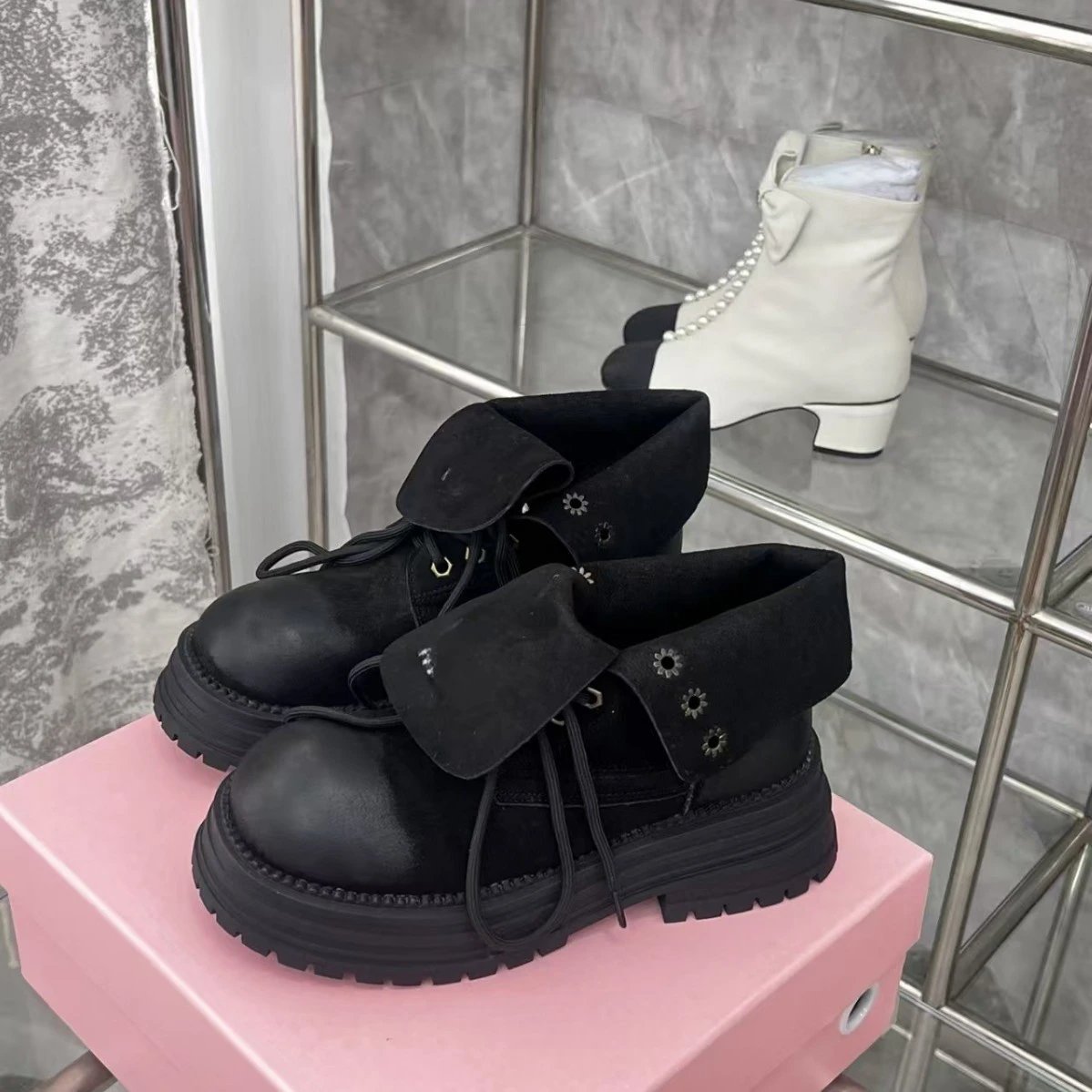 Miu Boots Lace-Up Fold-Over Collar Lug-Sole Ankle image 2