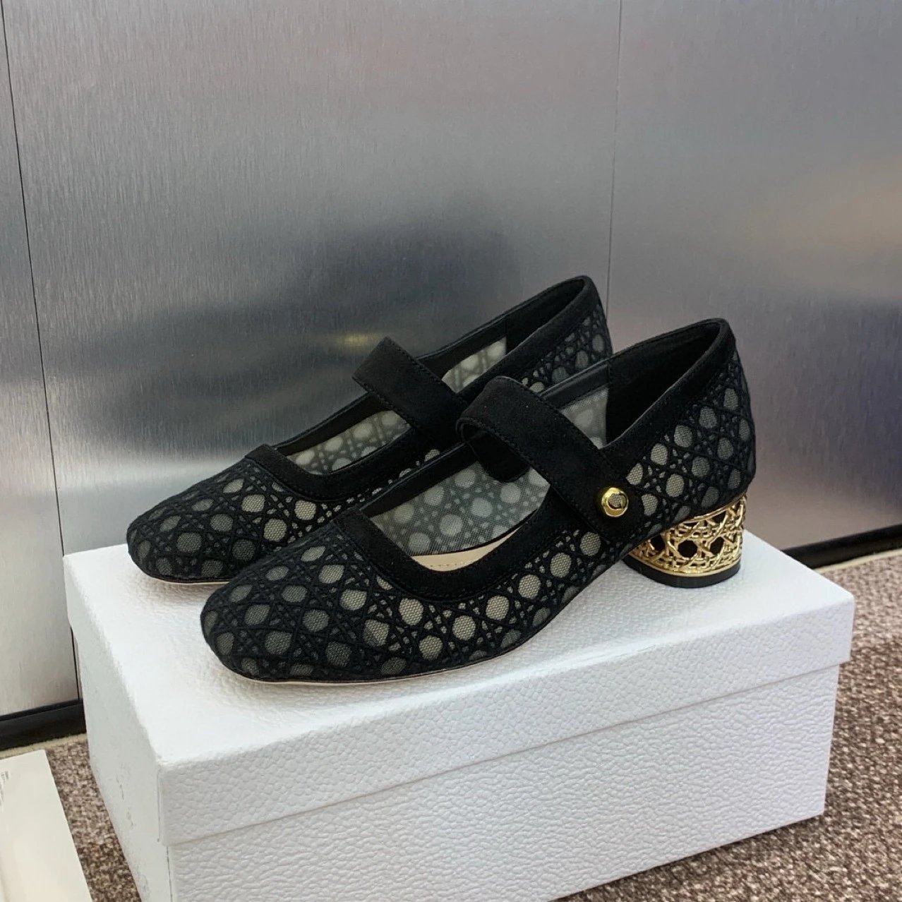 Dior J'Adior Mary Jane Heels Black Laser-Cut Mesh with Gold Cage Heel - 5