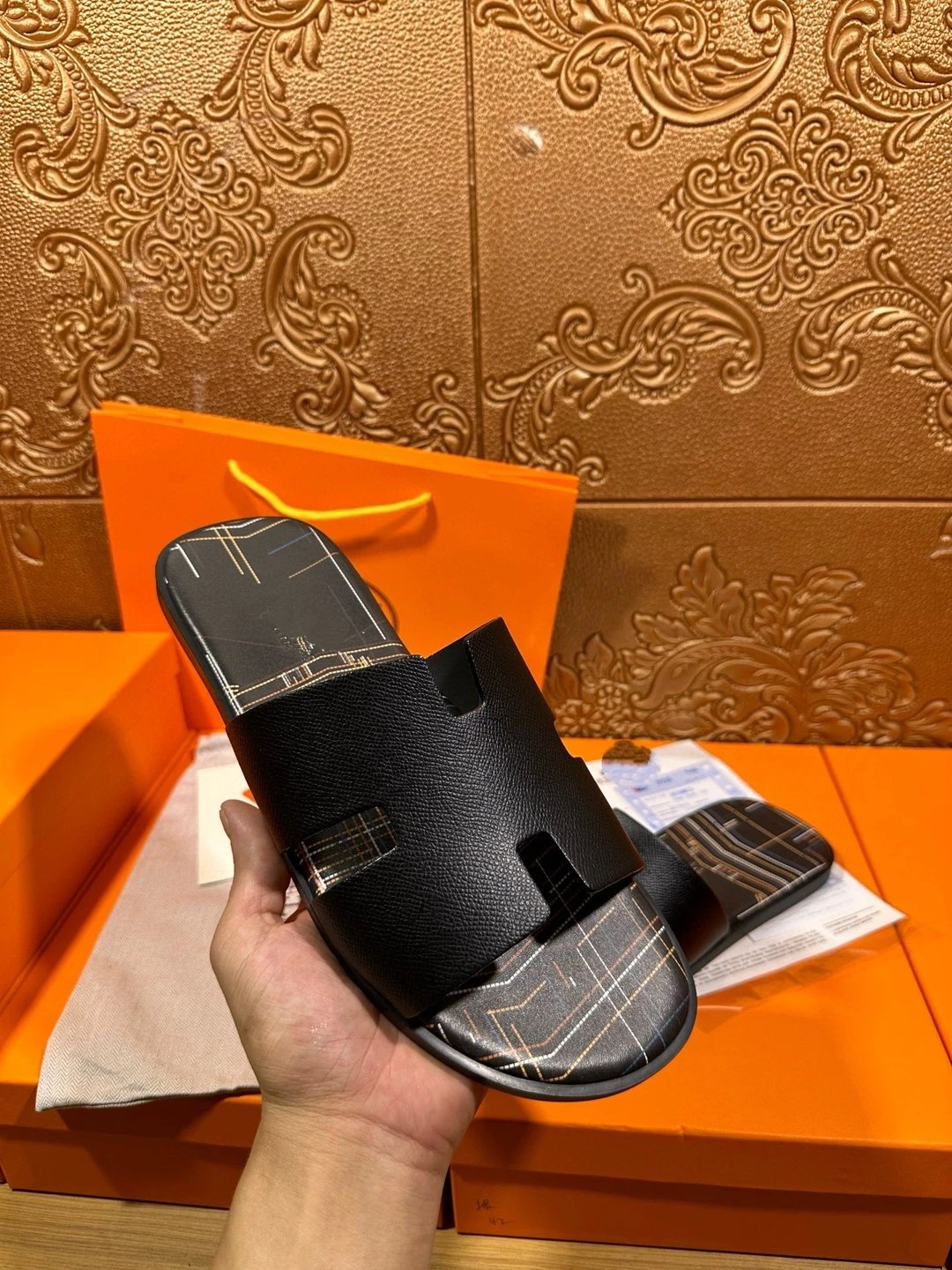 Hermès Oran Slide Navy Python-Embossed Plaid Slipper - 4