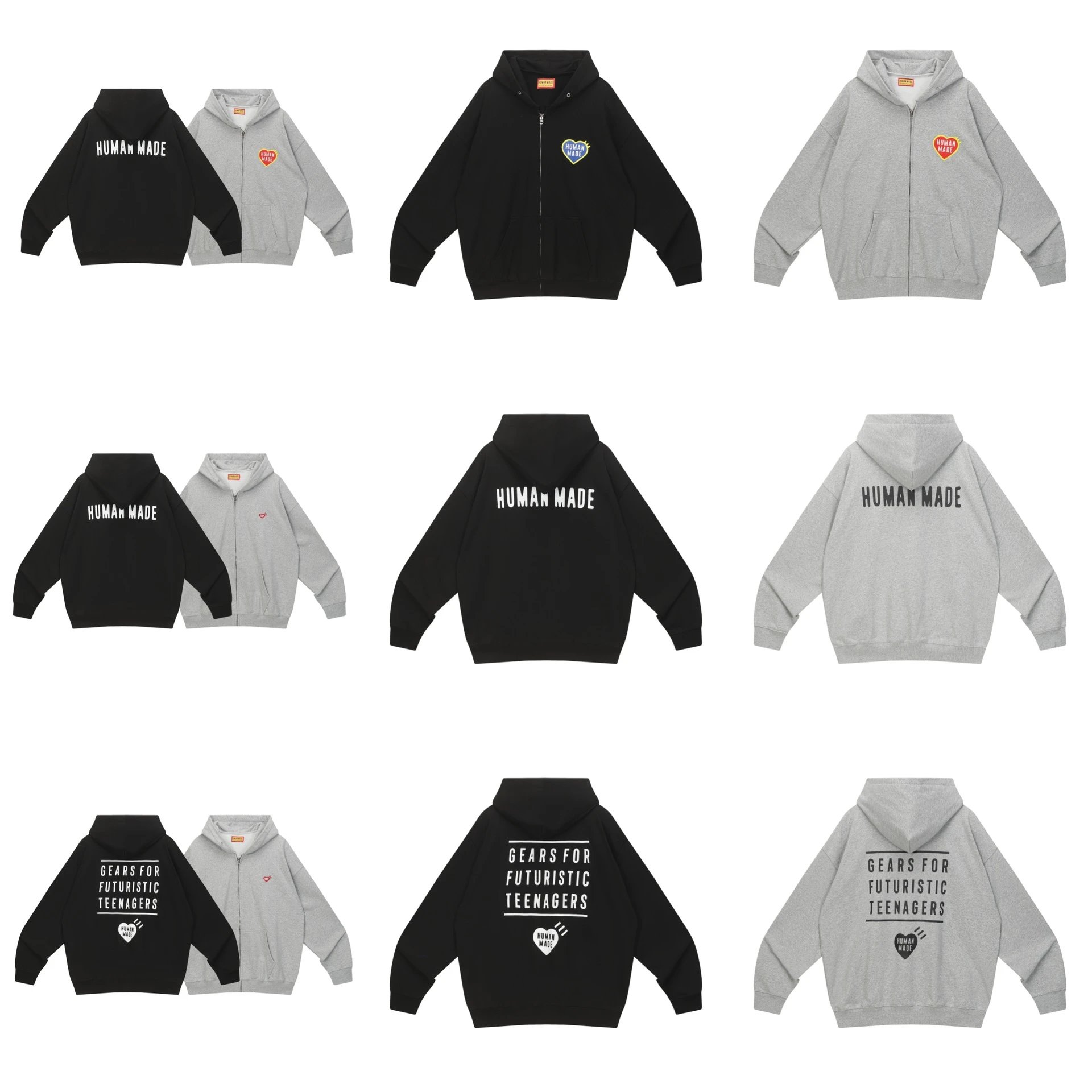 Human Made Heart Logo Zip-Up Hoodie Black and Gray - 6
