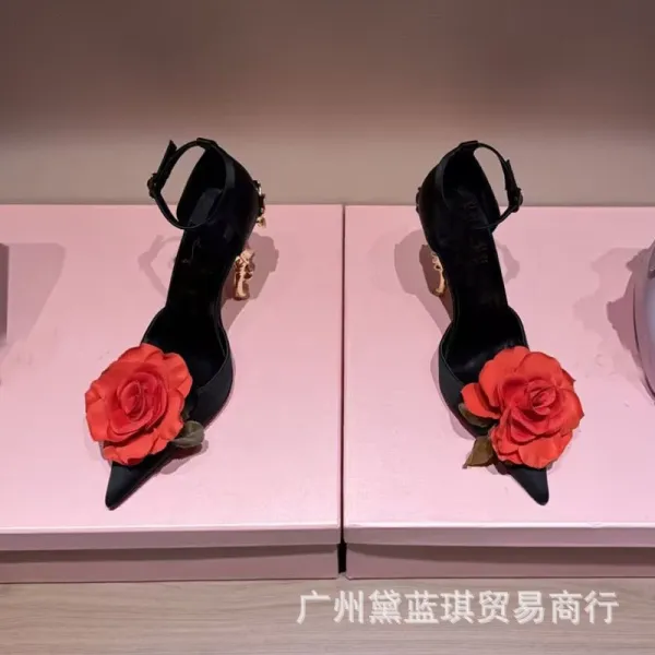 Christian Louboutin Rose-Embellished Ankle-Strap Stilettos Black Heels - 8