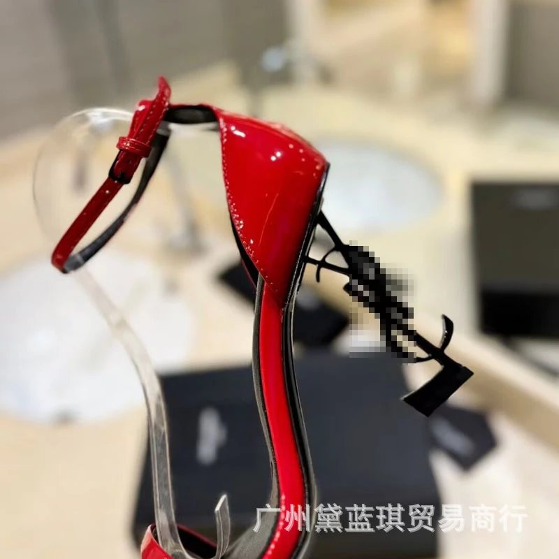Red Patent Leather Square-Toe Ankle-Strap Block Heels - 3