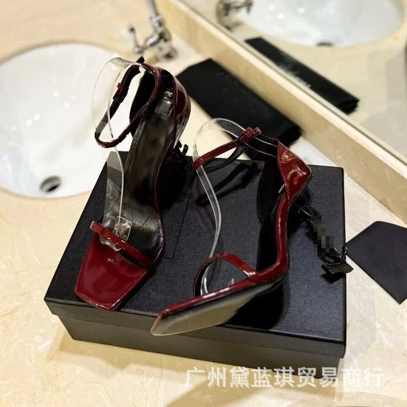 Red Patent Leather Square-Toe Ankle-Strap Block Heels - 8