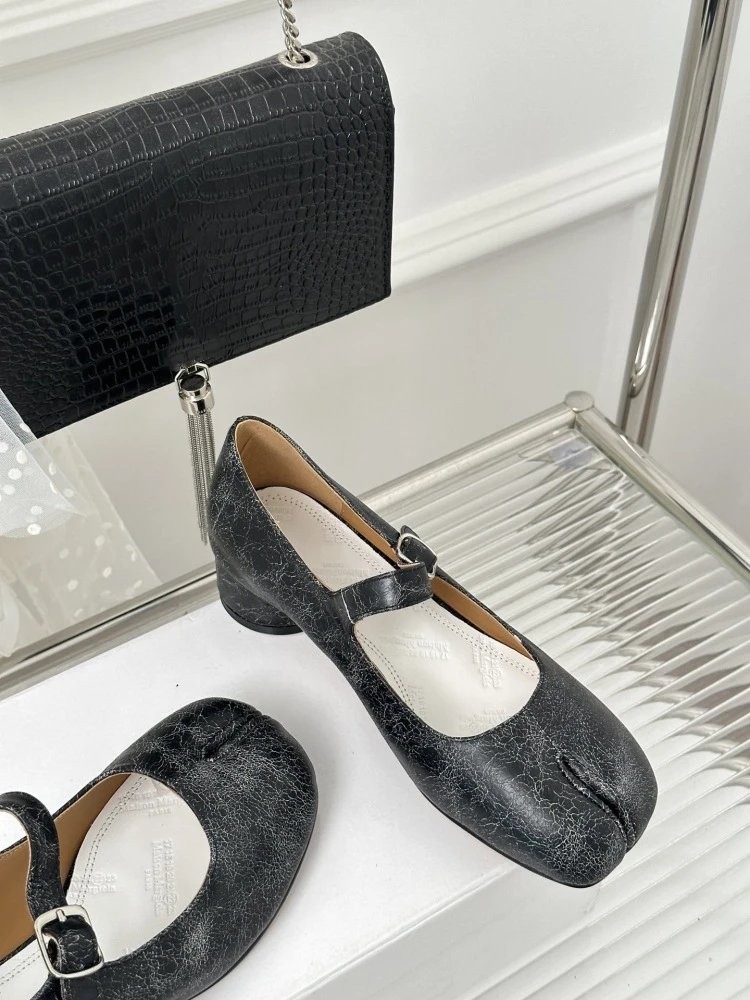 Black Mary Jane Block Heel Leather Shoes - 36