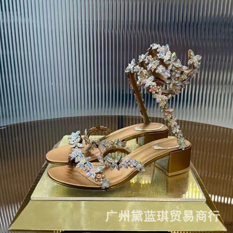 Handcrafted Floral Embellished Lilac Block Heel Sandals - 7