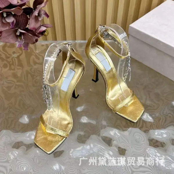 Prada Clear Strap Gold Metallic Square-Toe Block Heel Sandals - 1