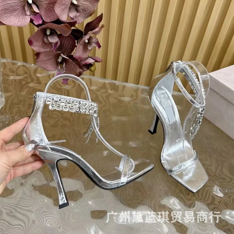 Transparent Strap Chain-Embellished Black Square-Toe Stiletto Heels - 6