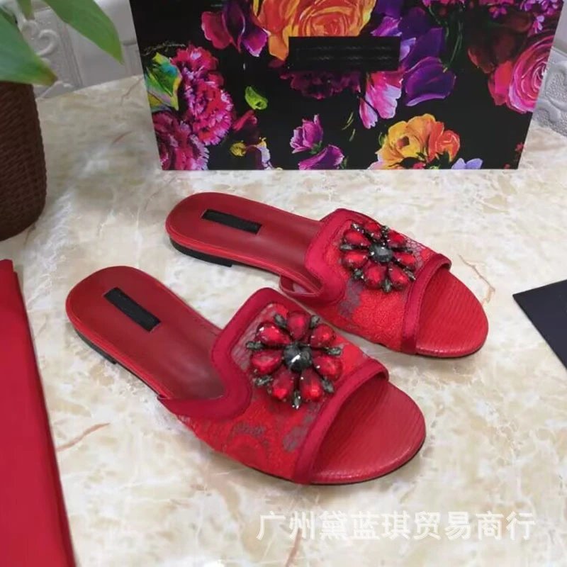 Dolce & Gabbana Floral Embellished Black Lace Slippers - 9