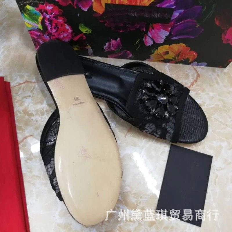 Dolce & Gabbana Floral Embellished Black Lace Slippers - 6