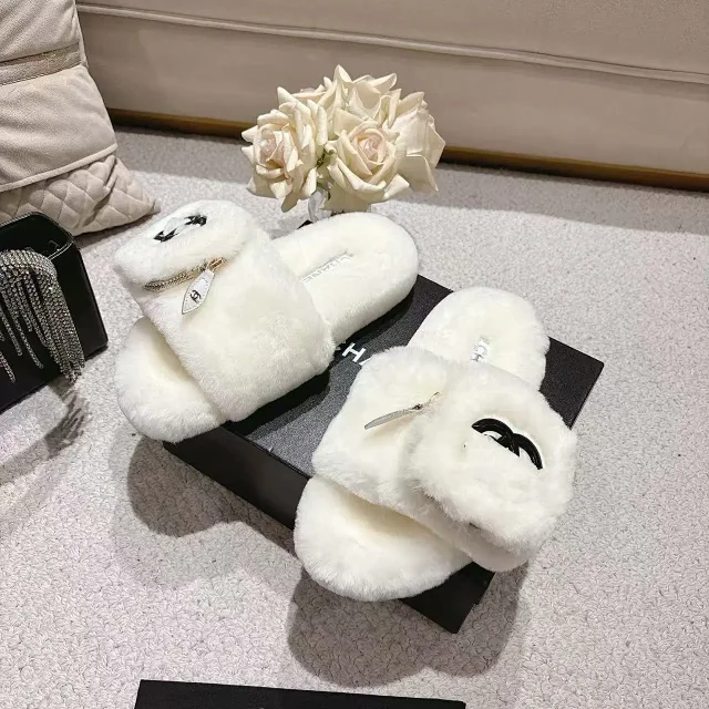 Chanel Slippers Faux-fur open-toe slide with zippered strap and Double C logo product detail image 1