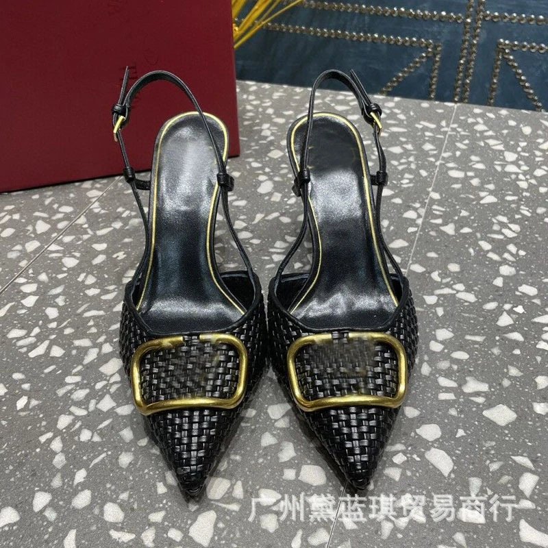 Bottega Veneta Inspired Woven Slingback Pointed-Toe Heels Black - 11