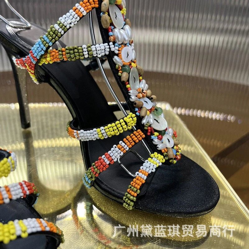 Multicolor Beaded Gladiator Sandals with Metal Straps Black Heels - 5