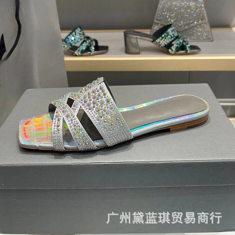 Red Crystal-Embellished Croc-Print Slide Sandals - 11