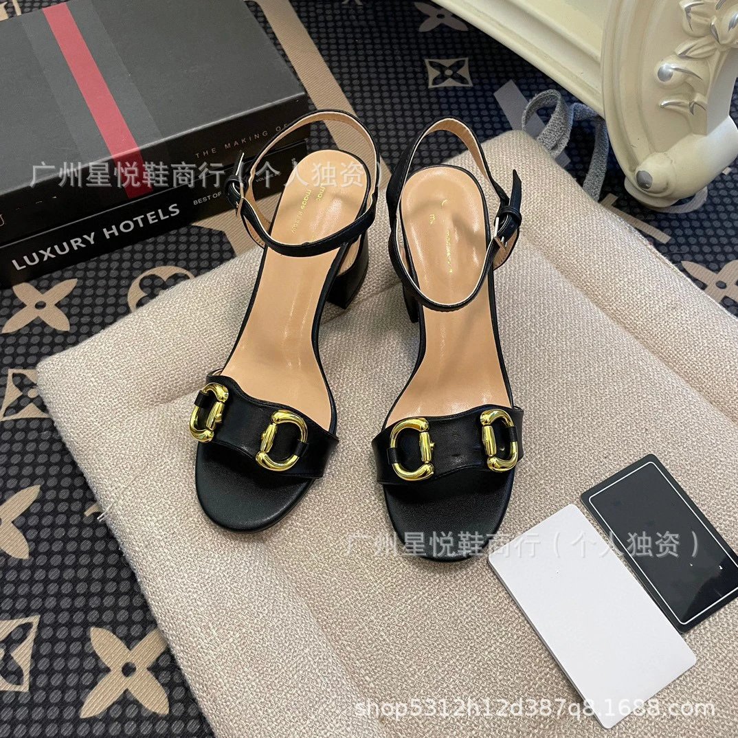Gucci Horsebit Sandals Black Gold Block Heels - 15