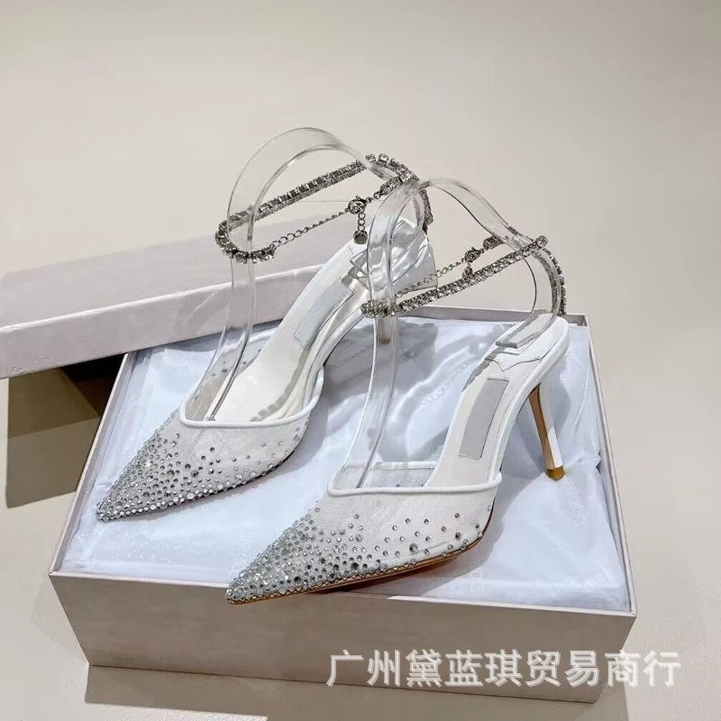 Sexy Open-Toe Heels with Crystal Chain & Rhinestone Mesh, Pointed Toe Peep-Toe Stiletto Sandals for Women — European & American Style, Runway Look: findsindex.com