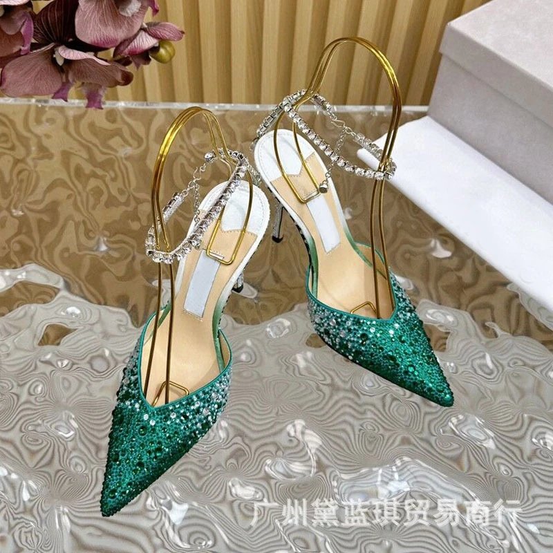 Emerald Crystal-Embellished Stiletto Heels with Gold Wire Straps - 3