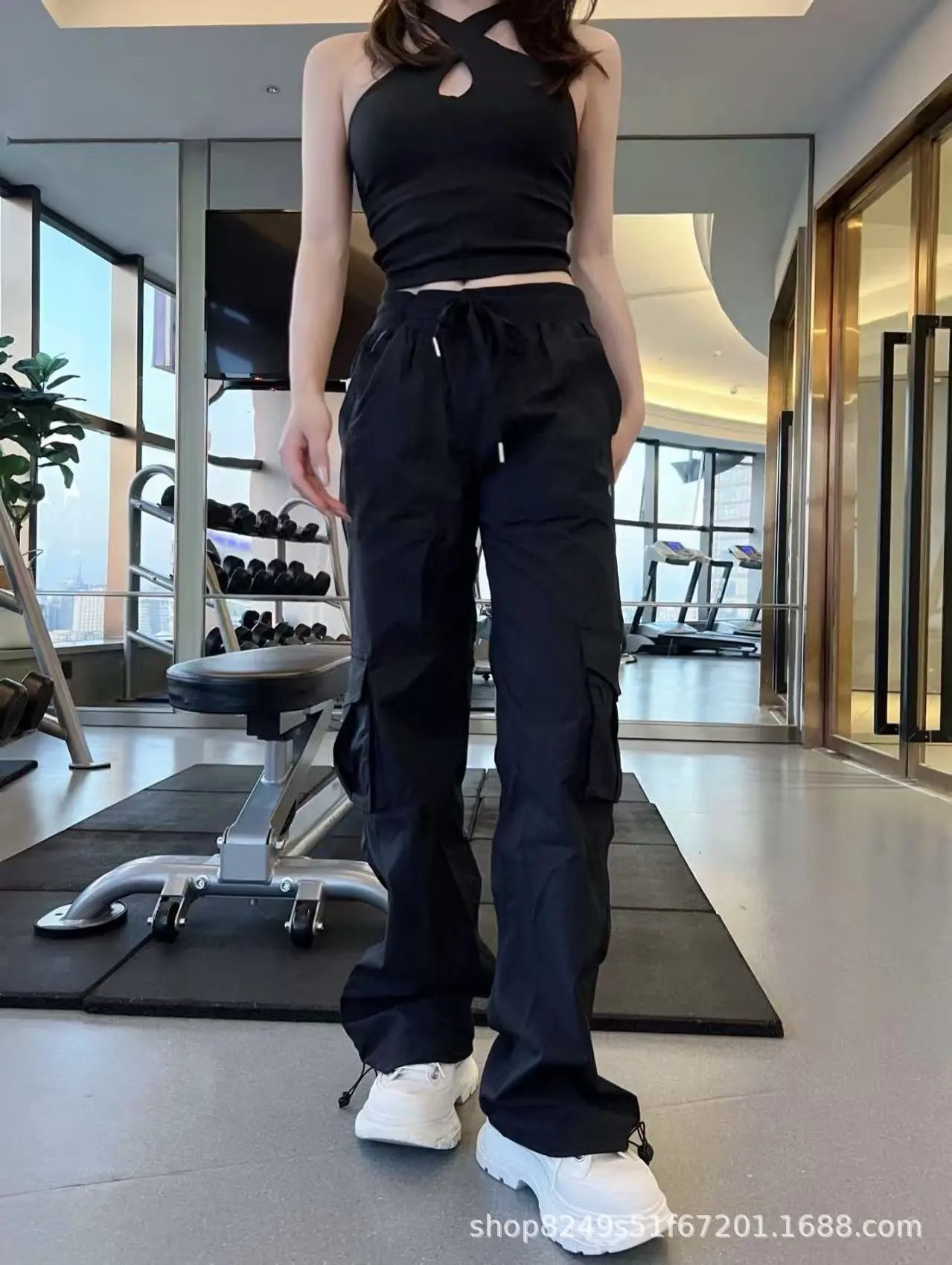 Black Cargo Pants with Drawstring Waist and Side Pockets