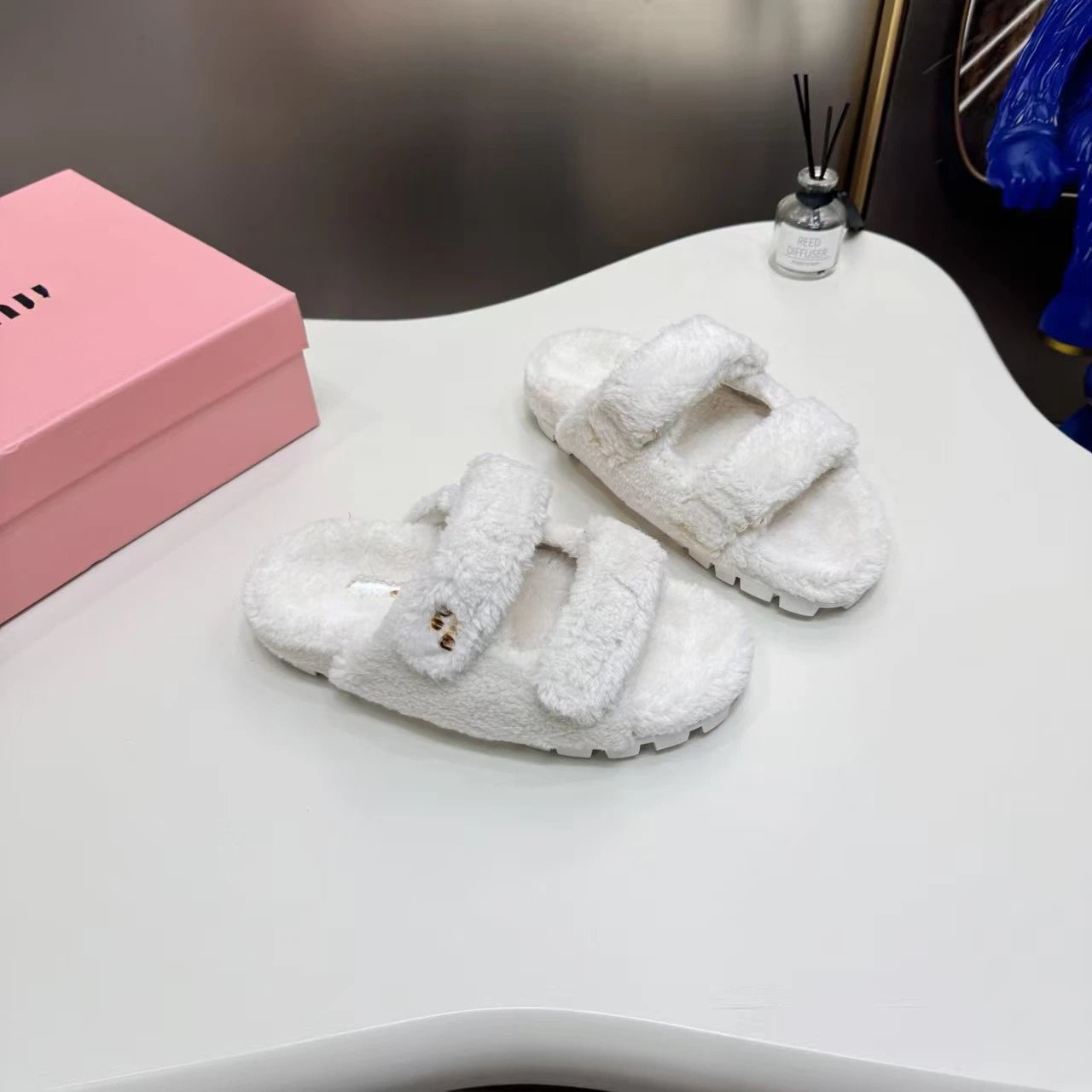 Miu Slippers Faux-Fur Double-Strap Slide image 4