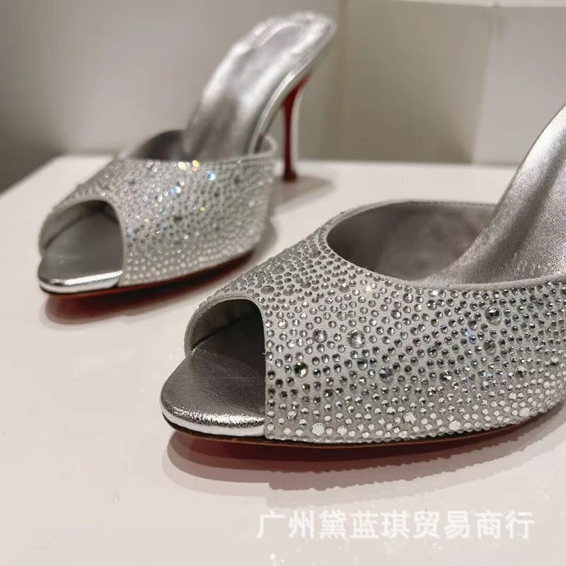 Christian Louboutin Daffodile Crystal-Embellished Gold Peep-Toe Mules - 7